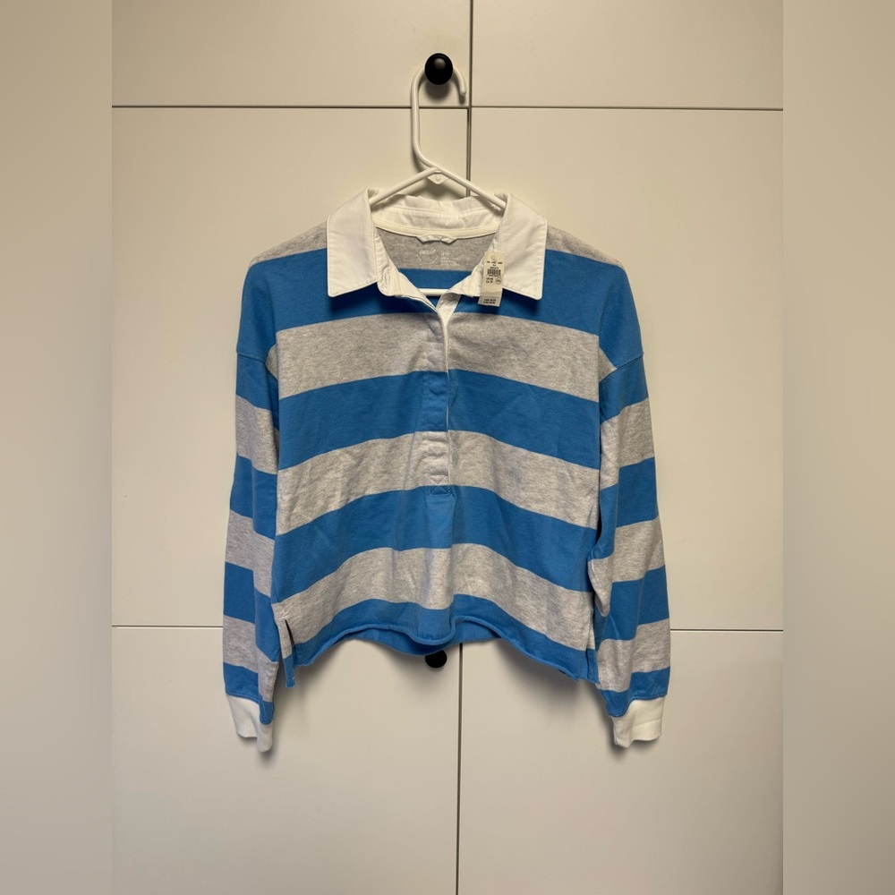 NWT Aerie Women's Blue and Grey Stripes Long Sleeve Polo Shirt. Size Xs.